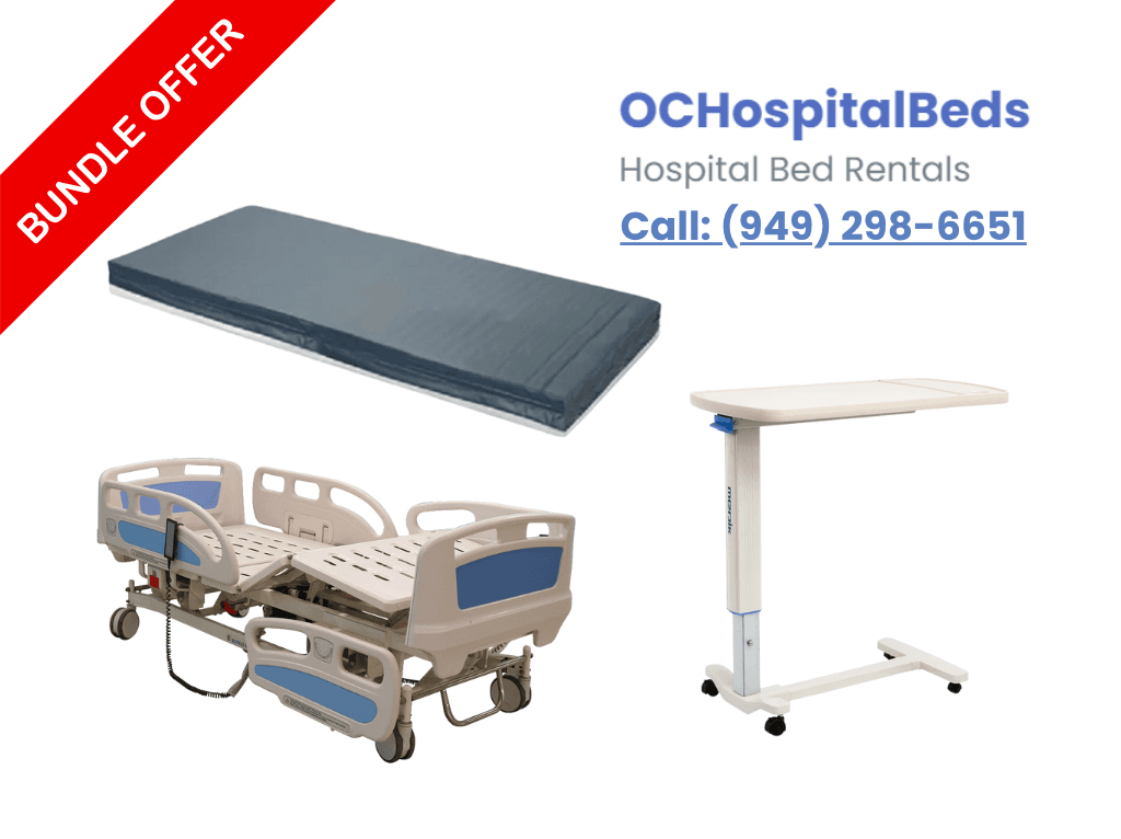 Professional hospital bed rental bundle with mattress and bedside accessories